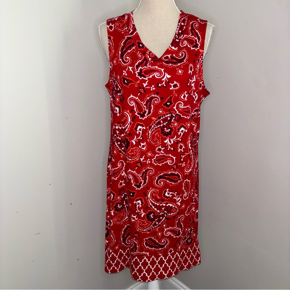 Kim Rogers red bandana print paisley sleeveless knit dress V-neck size Small